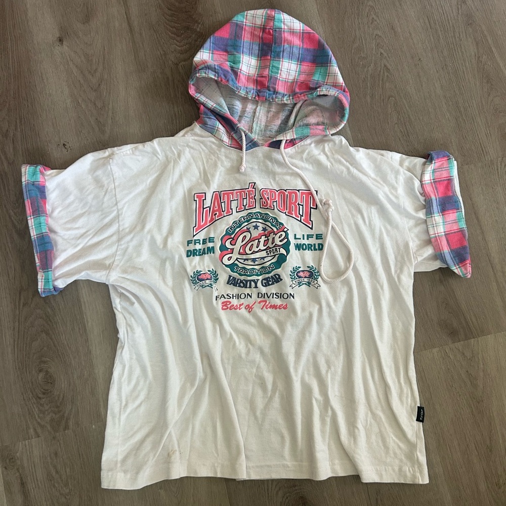 Rare Vintage Latte Hoodie Tee Short Sleeve with Pink/Blue Plaid Hood